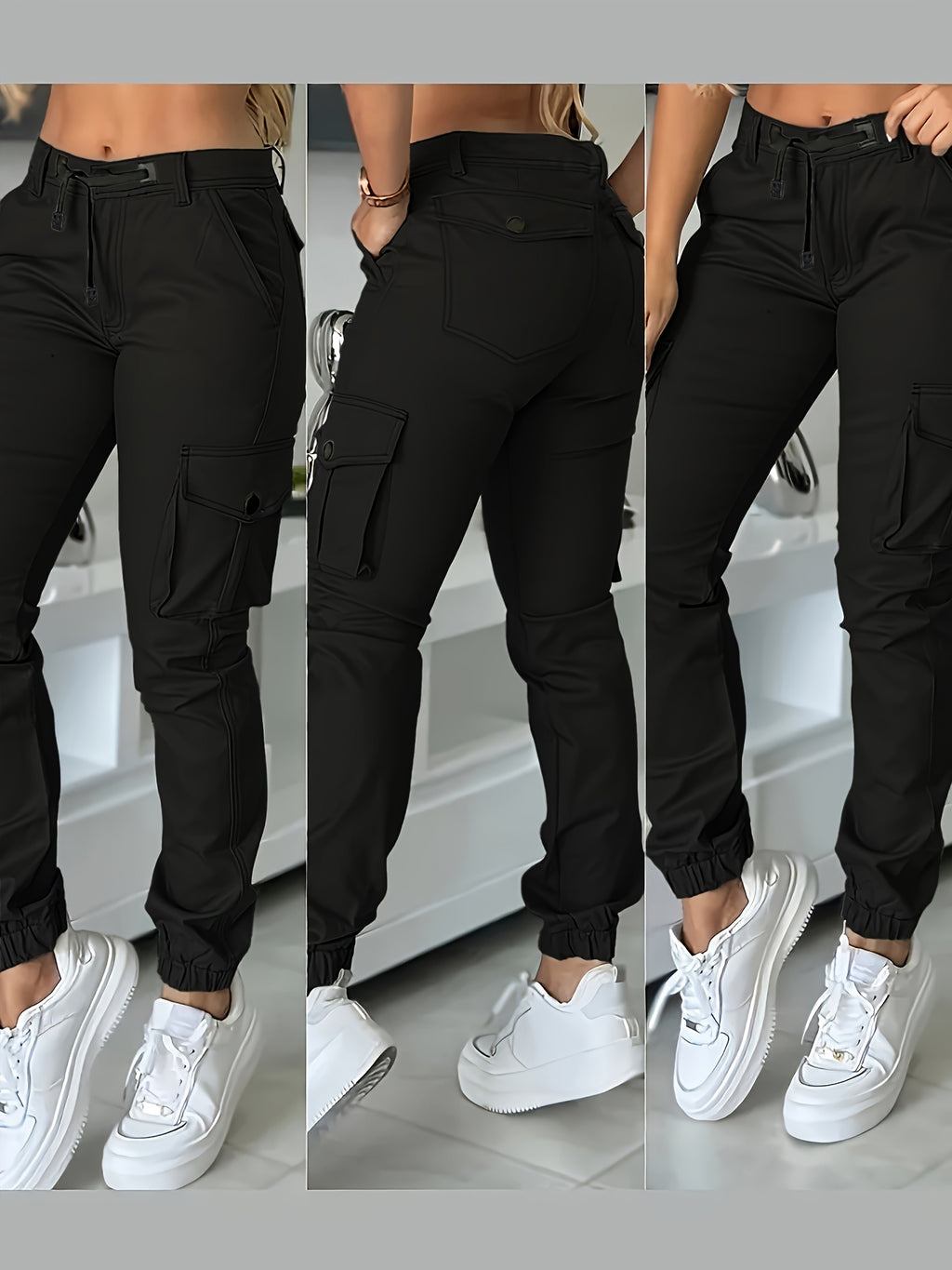 Women's High Waist Cargo Joggers Ankle Pants with Drawstring Pockets Slim Fit Casual Trousers Spring Autumn Black Khaki Grey XS-XL
