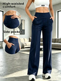 High Waist Tummy Control Wide Leg Pants Women with Pockets - Flowy Straight Leg Trousers, Soft Yoga Athletic Pants for Commute Casual Wear S M L XL