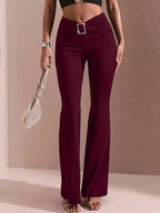 Women's High Waist Flared Wide Leg Pants Elastic Waistband Metal Chain Detail Smooth Fabric Stretchy Trousers Black Deep Red Blue S-XXL
