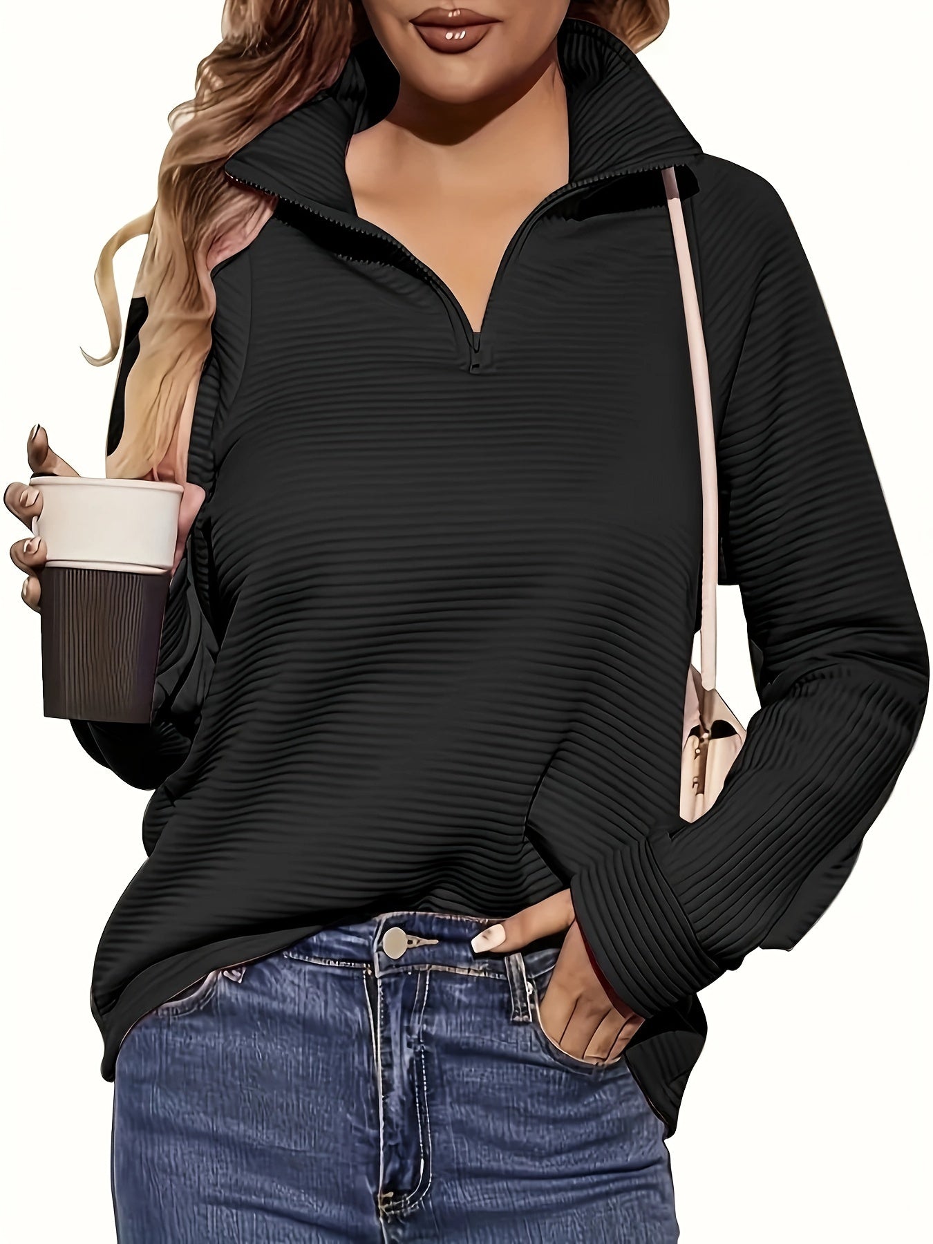 Women's V-Neck Zipper Pullover Sweater Long Sleeve Loose Casual Top Solid Color Pink Black Deep Red Ivory White S M L XL XXL