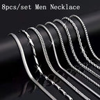 8pcs Men's Stainless Steel Necklace Set – Cuban Chain & Twisted Chain Hip Hop Street Style, Durable Fashion Chains for Men, Perfect Gift for Boyfriend, Son, Father's Day & Birthday