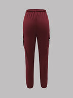 Women's Drawstring Waist Cargo Pants with Pockets - Solid Color Woven Polyester Casual Long Pants for Weekend Outdoor Wear