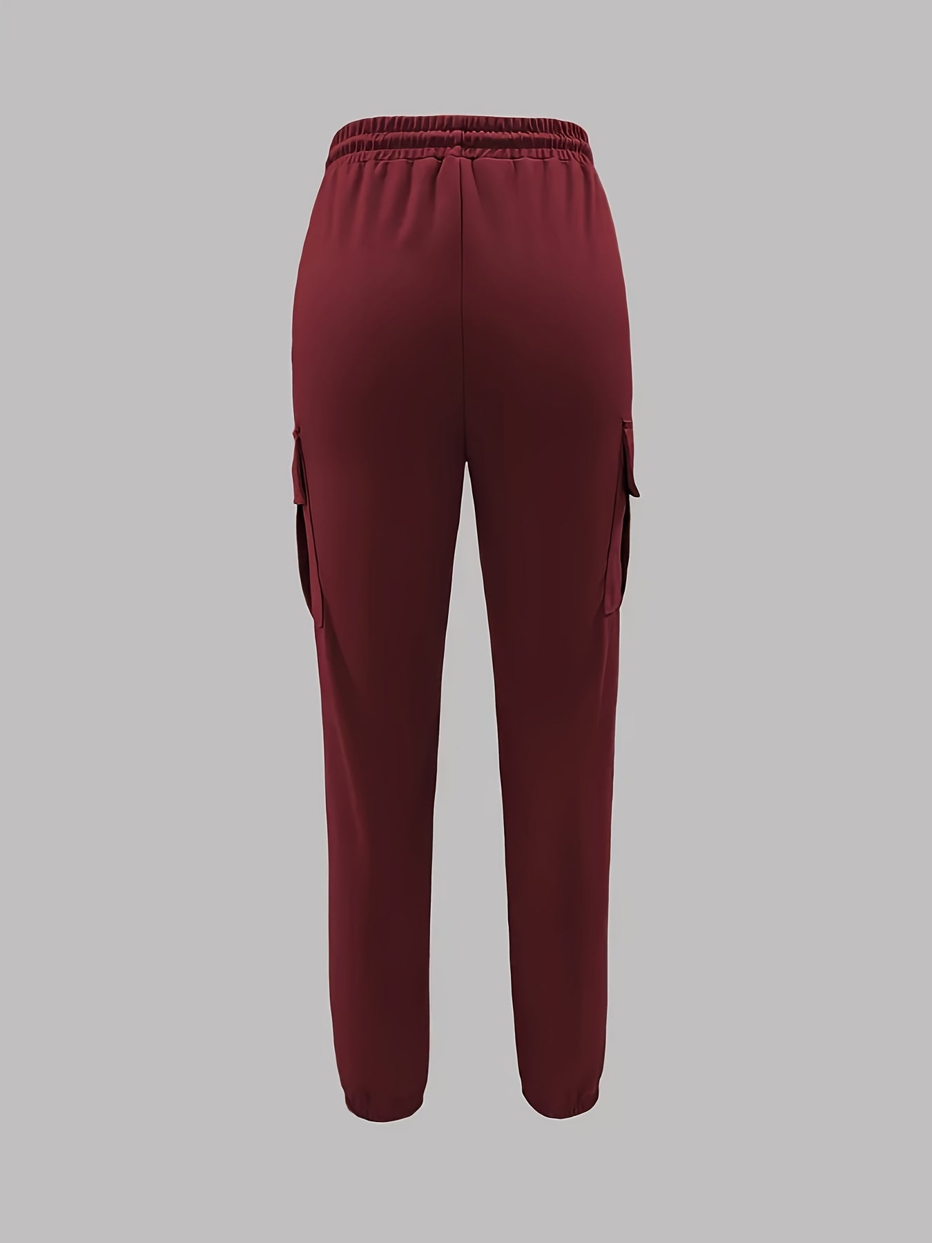 Women's Drawstring Waist Cargo Pants with Pockets - Solid Color Woven Polyester Casual Long Pants for Weekend Outdoor Wear
