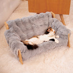 Elevated Pet Sofa Bed Solid Wood Dog Cat Lounge Chair with Bamboo Mat Modern Pet Furniture for Small Medium Dogs Cats Sturdy Stylish Gray White
