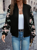 Floral Print Zip Up Jacket Women's Baseball Collar Long Sleeve Spring Fall Lightweight Coat Casual Outerwear Black S M L XL XXL