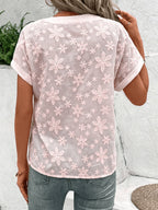 Floral Embroidered V-Neck Blouse Women Loose Casual Summer Tops White Batwing Short Sleeve Button Detail Lightweight Woven Shirt S-XXL