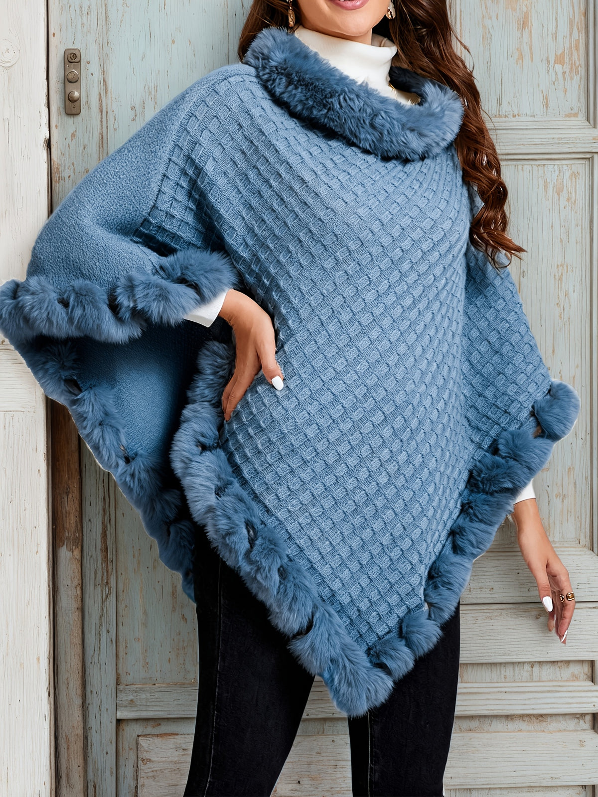 Women's Waffle Knit Shawl Poncho with Faux Fur Trim - Elegant Sleeveless High Neck Pullover, Solid Color Warm Cape Wrap for Fall Winter, 8 Colors One Size