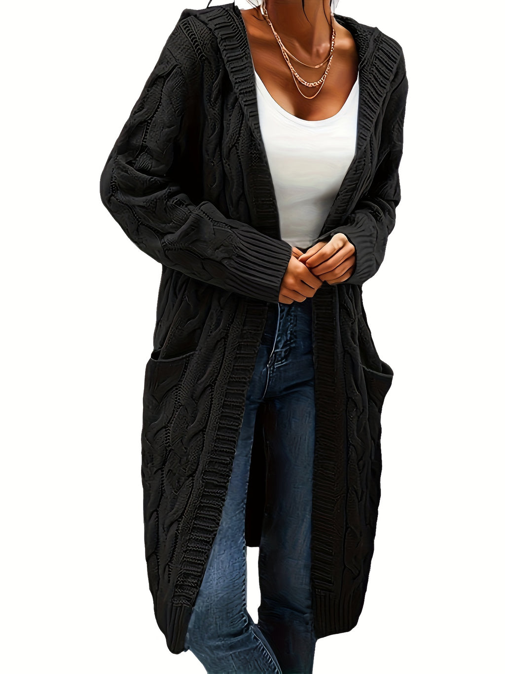 Women's Solid Color Knit Cardigan Sweater – Soft Stretch Polyester Open Front Layering Jacket for Fall Winter