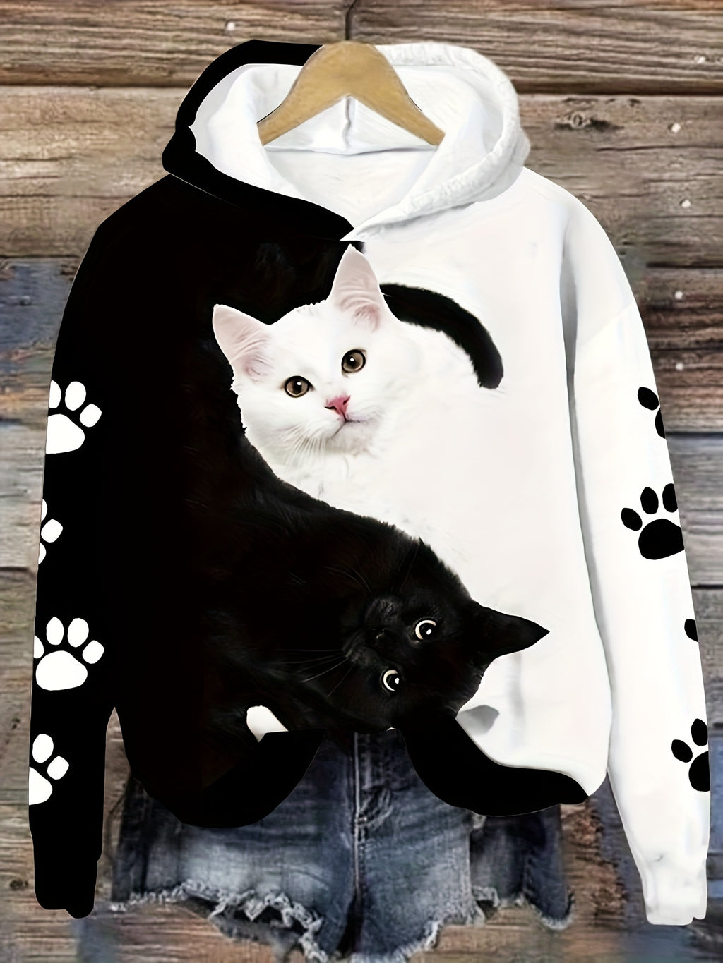 Women's Cute Cat Print Hoodie Casual Long Sleeve Pullover Sweatshirt Graphic Kawaii Animal Hoodie Machine Washable S-XXL White