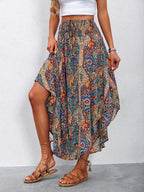 Women's High-Waisted Pleated Skirt – Stylish Printed Curved Hem Casual Midi Skirt for Summer, Spring & Everyday Wear