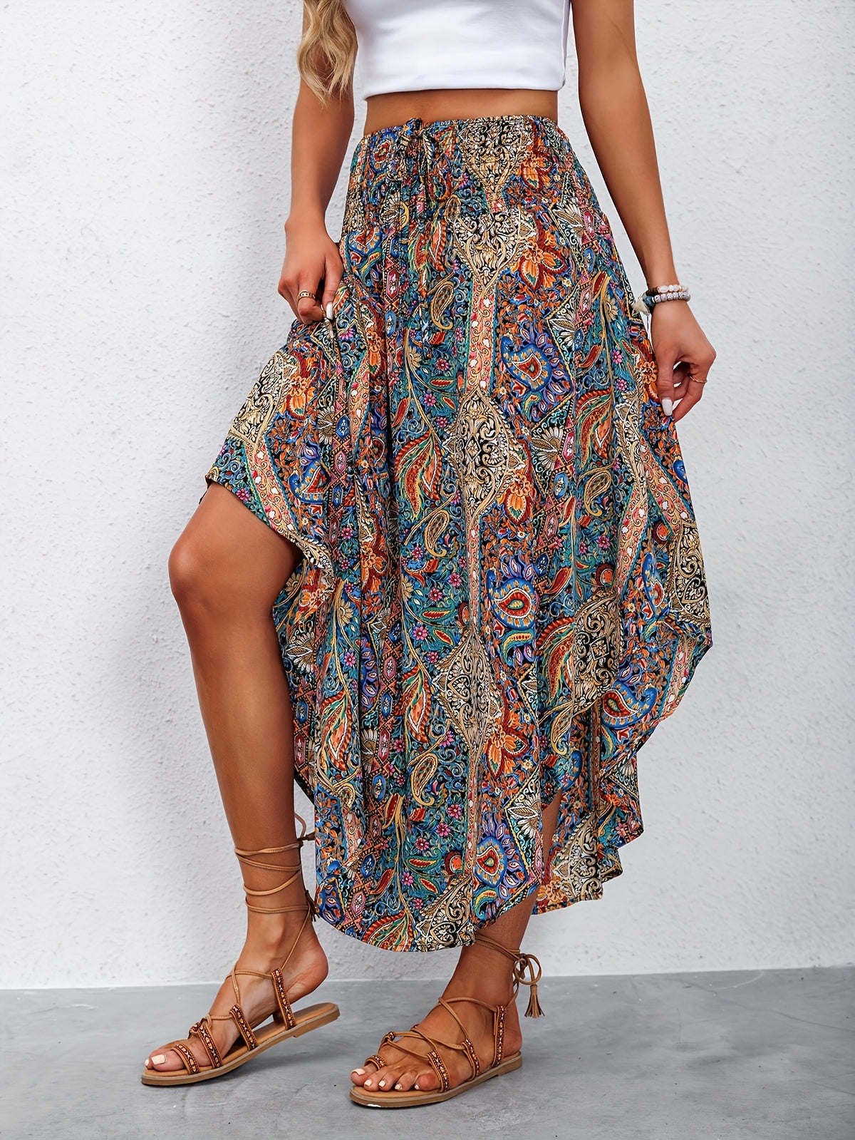 Women's High-Waisted Pleated Skirt – Stylish Printed Curved Hem Casual Midi Skirt for Summer, Spring & Everyday Wear