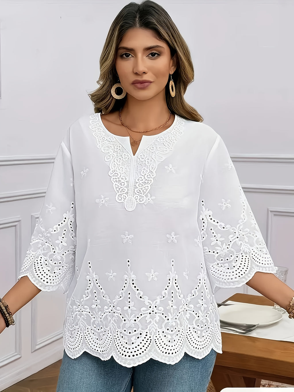 Women's V-Neck Floral Lace Contrast Shirt Elegant Woven Blouse for Spring Summer Fall Formal Casual Wear S-XXL