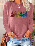 Christmas Tree Print Long Sleeve T-Shirt Women Crew Neck Loose Fit Casual Holiday Graphic Tee Soft Stretch Fabric S-XXL Machine Washable