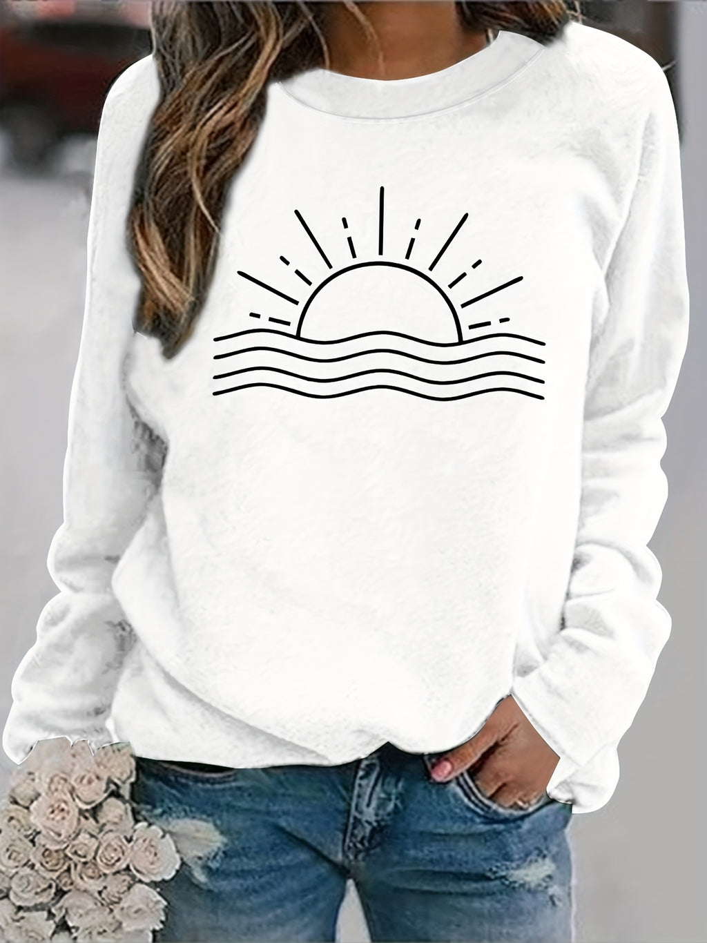 Sun Graphic Long Sleeve T-Shirt Women Round Neck Casual Top Fall Winter Polyester – Sunrise Print Positioning Graphic Tee Rust Color S-XXL