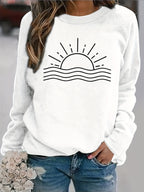 Sun Graphic Long Sleeve T-Shirt Women Round Neck Casual Top Fall Winter Polyester – Sunrise Print Positioning Graphic Tee Rust Color S-XXL