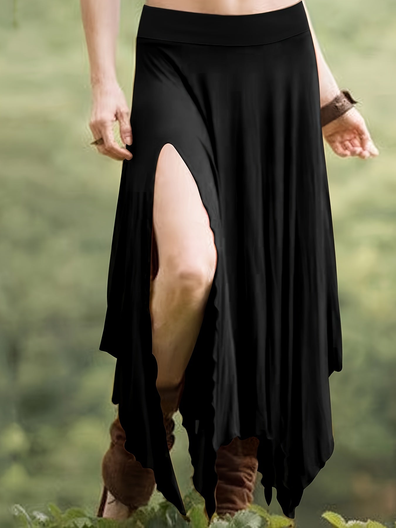 Women's Asymmetrical Hem Skirt - High Waist Drawstring Split Midi Skirt, Stretchy Knit 95% Polyester, Casual Vintage Style for Spring Summer
