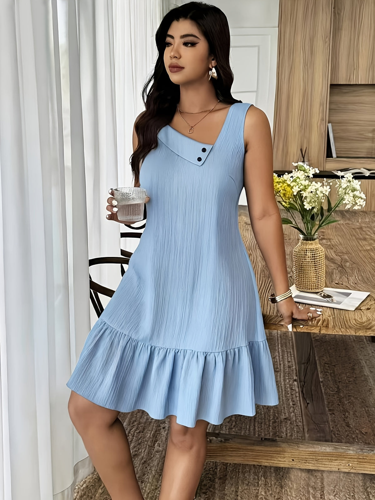 Women's Sleeveless Asymmetric Neck Dress – Solid Color 100% Polyester Woven Spring & Summer Fashion Dress for Casual & Elegant Occasions
