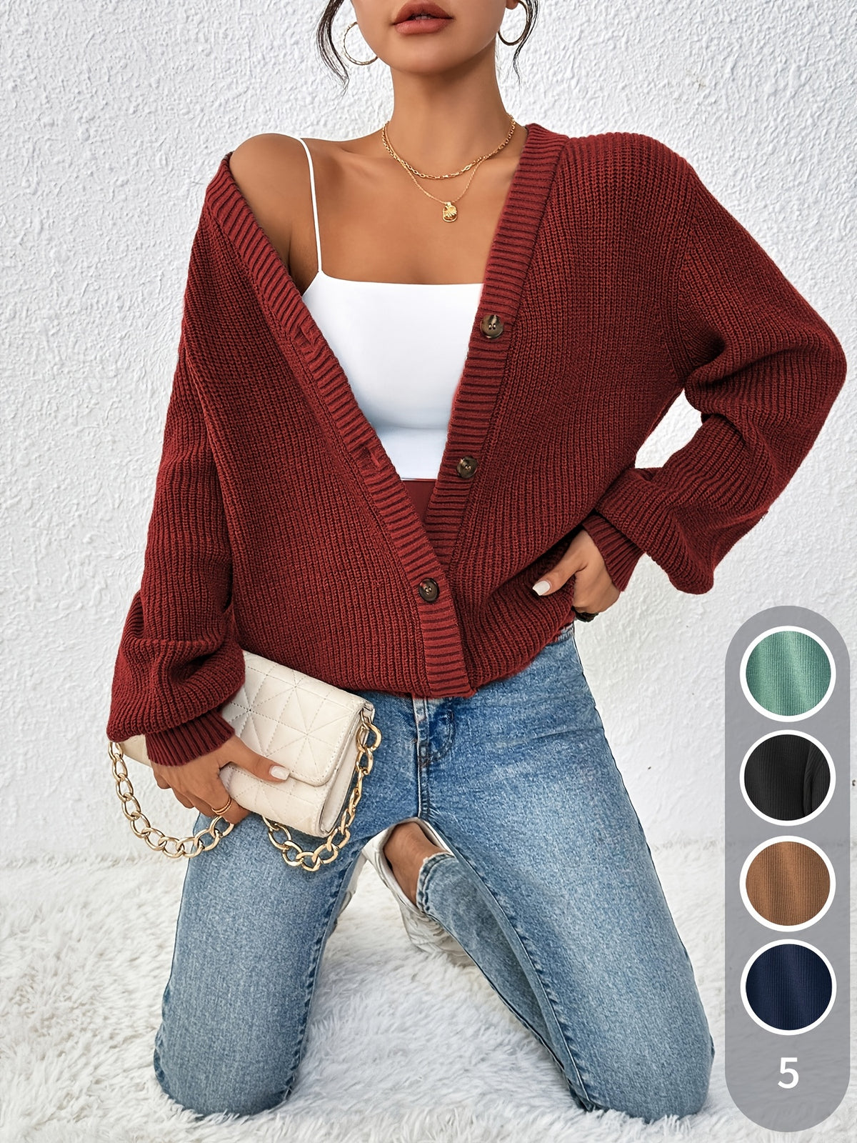 Women's Chunky Ribbed Knit Button Cardigan V-Neck Open Front - Oversized Drop Shoulder Sweater Jacket, Soft Stretchy Warm Fall Winter Cardigan in 5 Colors XS-XL