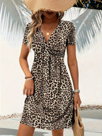 Women's Leopard Print V-Neck Fit & Flare Twist Dress - Knit Polyester Stretch Midi Dress Blue S M L XL XXL Casual Party Date Night Fashion