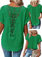 Lace Patchwork Round Neck Short Sleeve T-Shirt Women Summer Casual Flowy Top Peacock Blue Khaki Black White S M L XL XXL