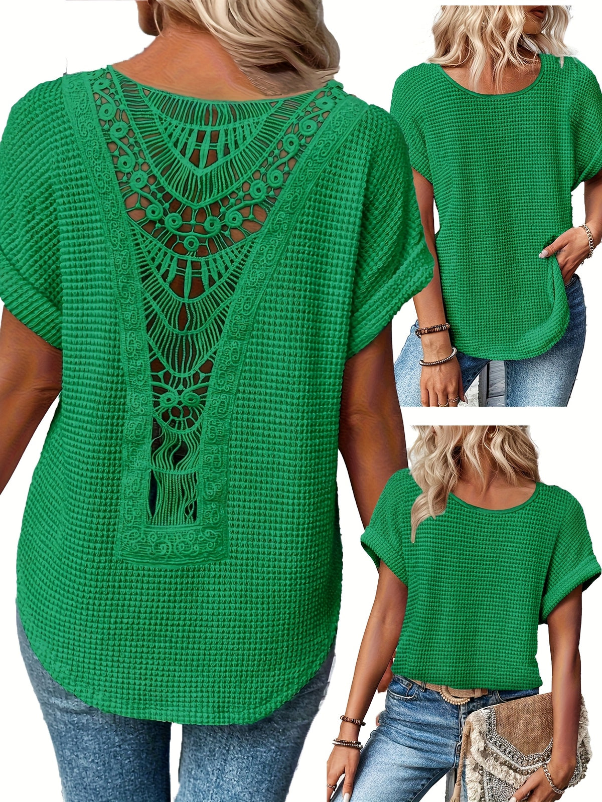 Lace Patchwork Round Neck Short Sleeve T-Shirt Women Summer Casual Flowy Top Peacock Blue Khaki Black White S M L XL XXL