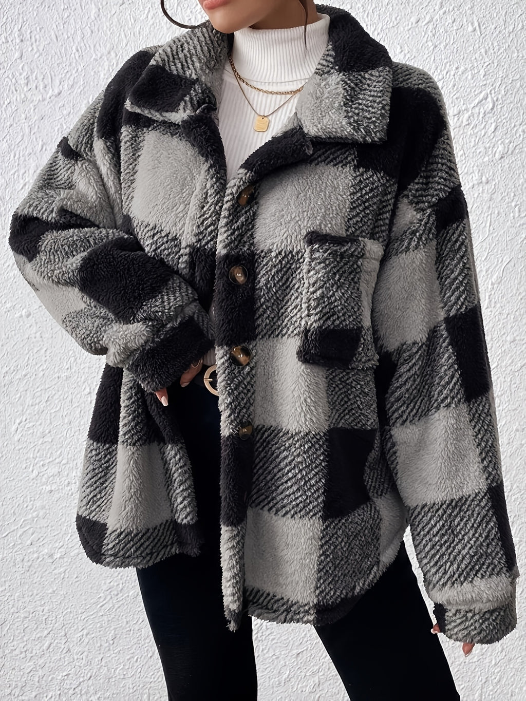 Women's Plaid Plush Button-Front Jacket – Elegant Casual Fuzzy Coat Warm Cozy Outerwear Autumn Winter Daily Wear