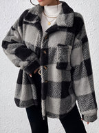 Women's Plaid Plush Button-Front Jacket – Elegant Casual Fuzzy Coat Warm Cozy Outerwear Autumn Winter Daily Wear