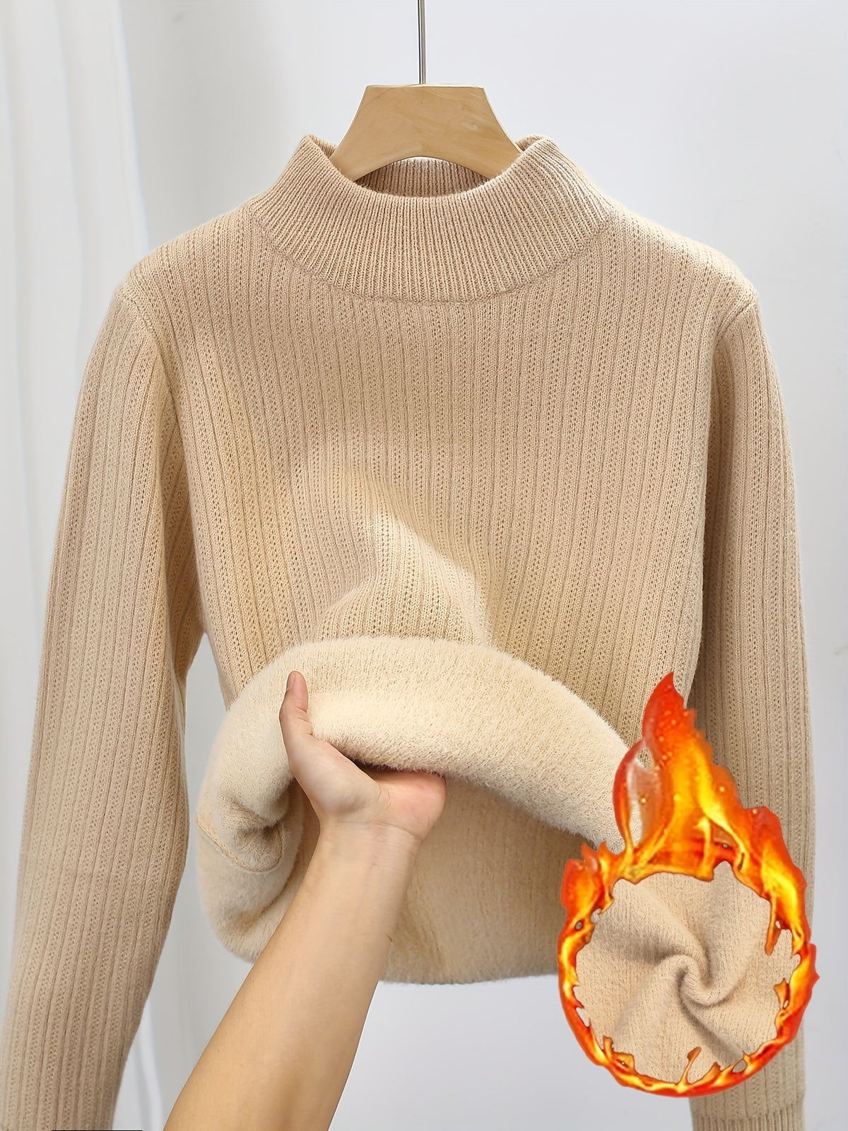 Women's Fleece Lined Turtleneck Sweater Thick Warm Pullover - Semi-High Neck Seamless Knit Sweater Fall Winter Inner Layer Top, 11 Colors S-XL