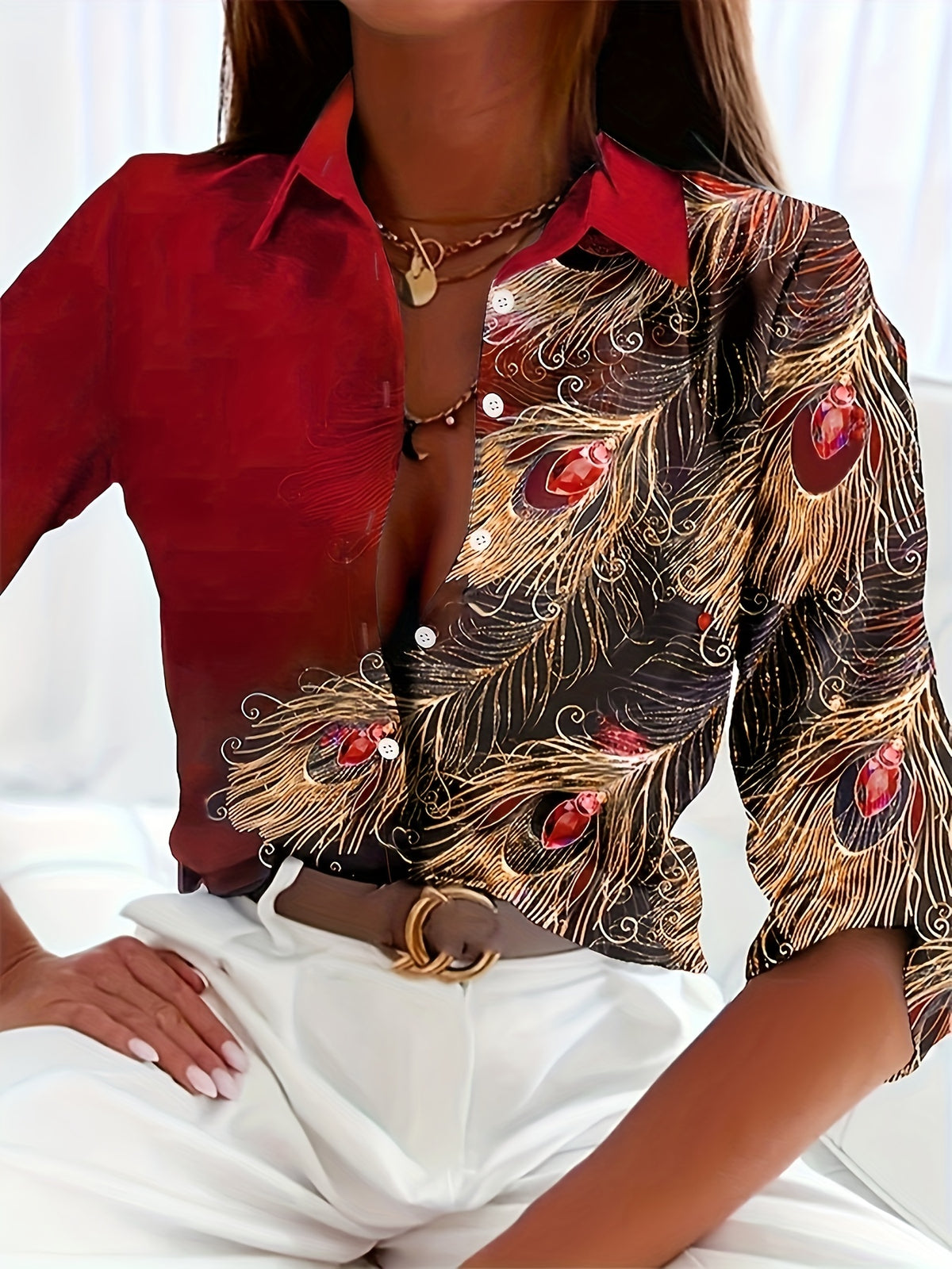 Women's Elegant Peacock Print Button-Front Blouse | Turquoise Gold Classic Collar Woven Polyester Shirt for Office Party All-Season Wear