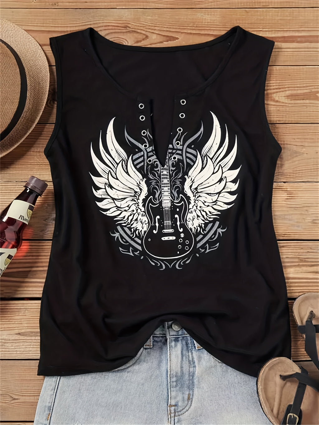 Women's Guitar Wing Print V-Neck Tank Top Casual Sleeveless Graphic Tee Summer Loose Fit Cami Shirt for Daily Wear