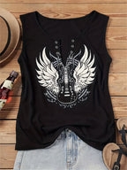 Women's Guitar Wing Print V-Neck Tank Top Casual Sleeveless Graphic Tee Summer Loose Fit Cami Shirt for Daily Wear