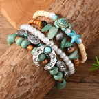 40pcs Boho Handmade Wooden & Turquoise Stone Bead Bracelet Set – Mixed Colors, Zinc Alloy Pendant, Vintage Style Stackable Bracelets for Women Men, Couple & Party Gift