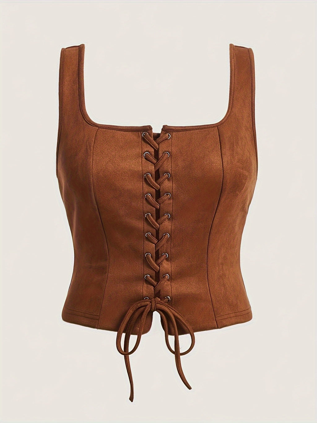 Vintage Lace-Up Drawstring Vest Women Elegant Woven Top Sleeveless Blouse Spring Summer Fall Khaki Green S M L XL