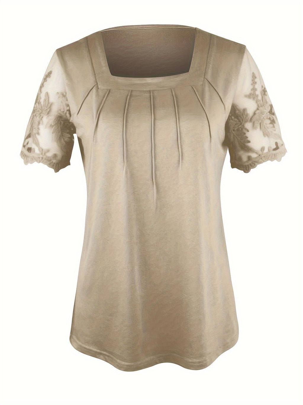 Women's Square Neck Short Sleeve Top – Solid Color Mesh Embroidery Lace Tunic, Elegant Casual Summer Blouse, Sizes S-XXL, Khaki