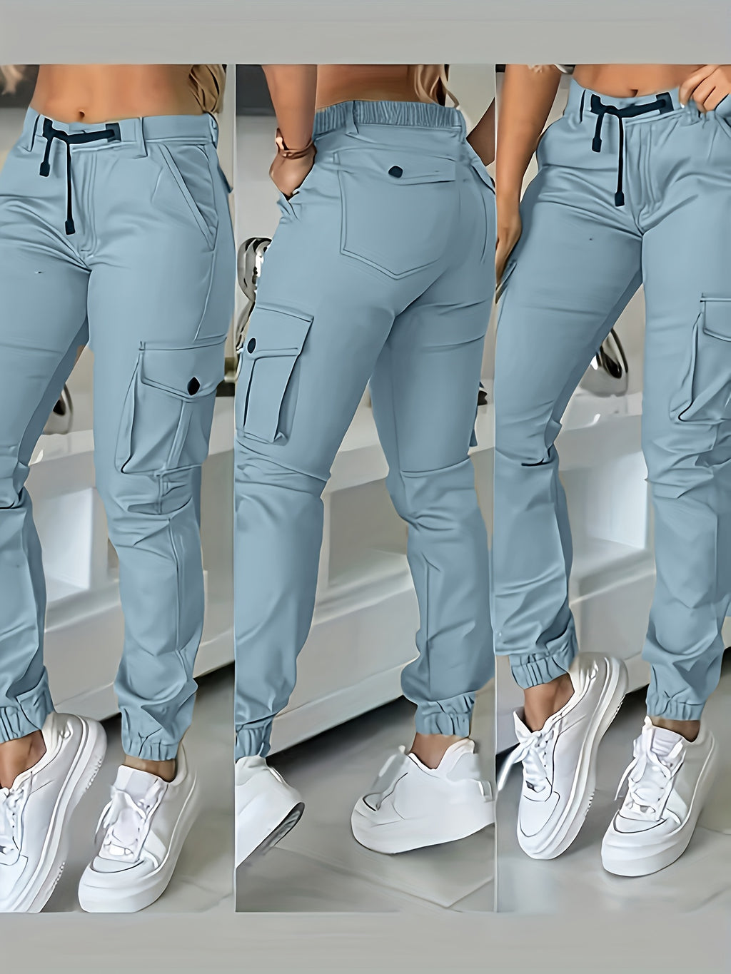 Women's Multi-Pocket Cargo Pants Casual Fashion Wide Leg Woven Trousers Olive Black White Khaki Grey S-XXL