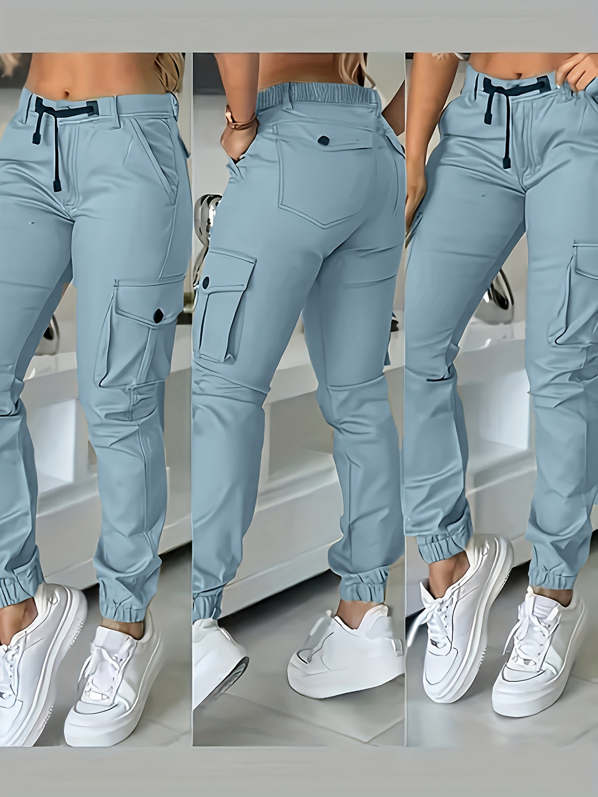 Women's Multi-Pocket Cargo Pants Casual Fashion Wide Leg Woven Trousers Olive Black White Khaki Grey S-XXL