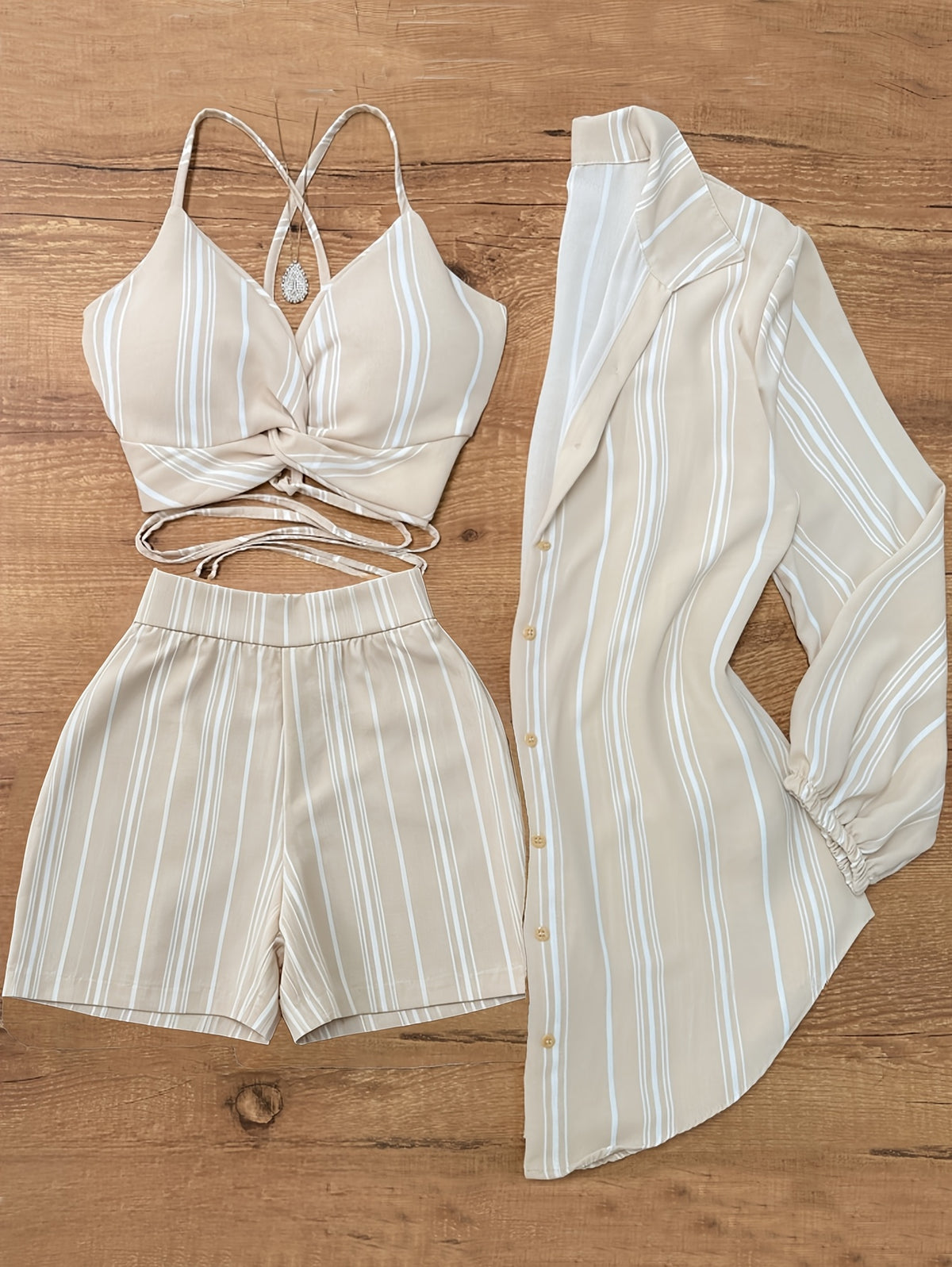 Women's 3-Piece Outfit Set - Camisole Top + Shorts + Shirt Cardigan | Solid Color Summer Vacation Casual Daily Commute Fashion Matching Set