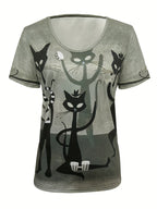 Women's V-Neck Animal Print T-Shirt – Casual Knit Stretch Top Olive Short Sleeve Everyday Tee S-XXL Soft Polyester Blend
