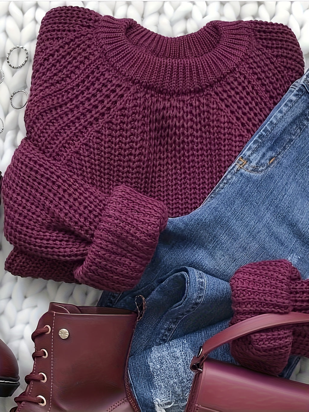 Women's Oversized Pullover Sweater – Soft Round Neck Long Sleeve Loose Fit Knit Sweater, Cozy Solid Color Fall Winter Top, Casual Commute Blouse, Sizes S-XL, Burgundy Black Navy Coffee