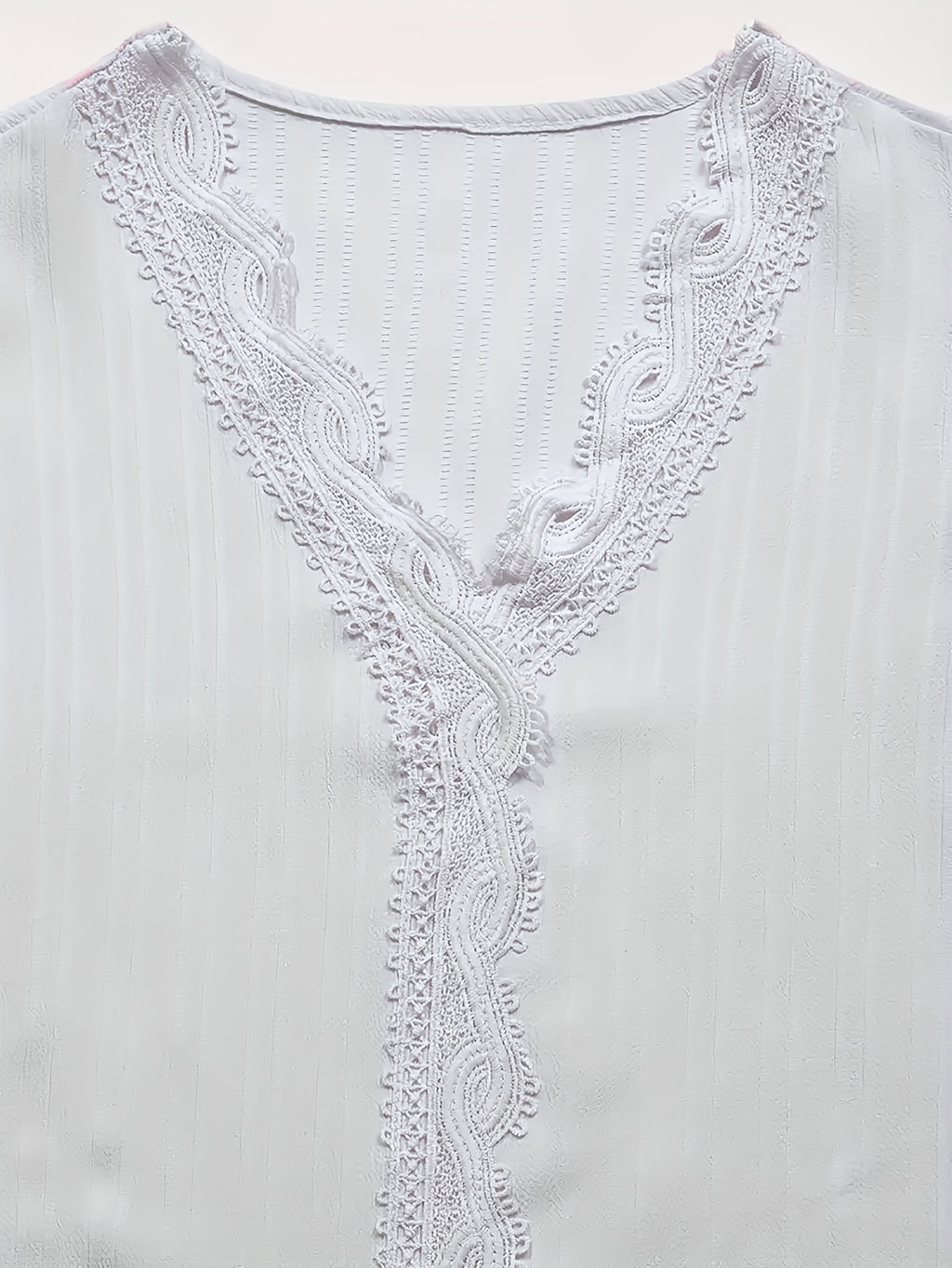 Women's Elegant Lace Texture V-Neck Short Sleeve Blouse Lightweight Breathable Spring Summer Casual Shirt Machine Washable White S-XXL