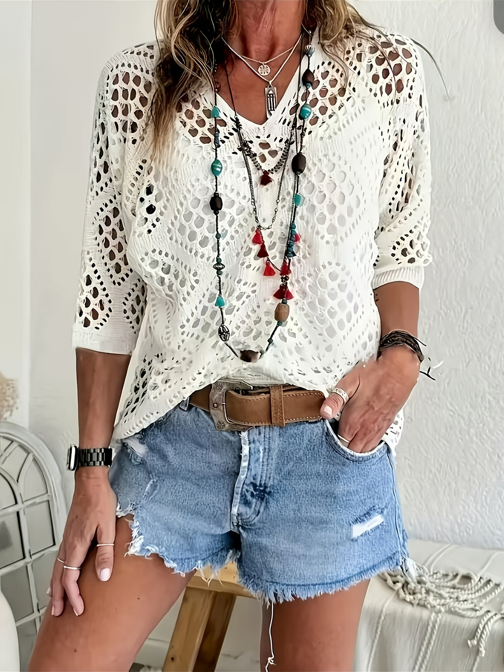 Bohemian V-Neck Openwork Sweater Women 3/4 Sleeve Lightweight Pullover Spring Summer Fall Casual Tops US Warehouse