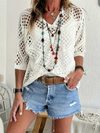 Bohemian V-Neck Openwork Sweater Women 3/4 Sleeve Lightweight Pullover Spring Summer Fall Casual Tops US Warehouse