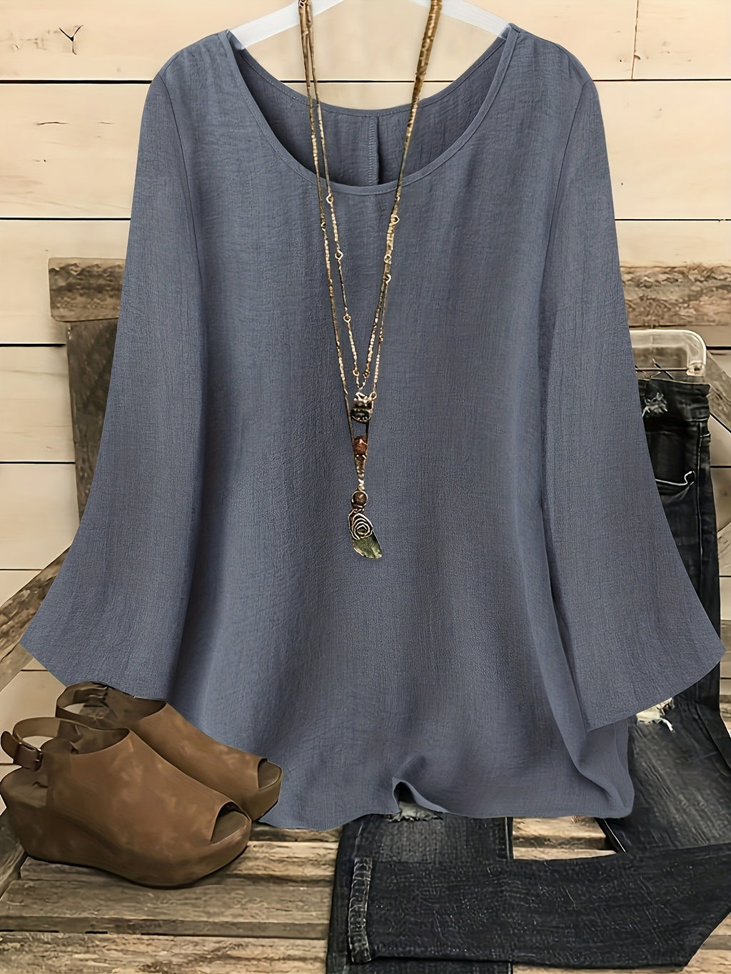 Women's Casual Crew Neck Woven Polyester Shirt Solid Color Lightweight Vacation Top Relaxed Fit Pullover Blouse for Summer Travel Beach Resort Wear S M L XL XXL