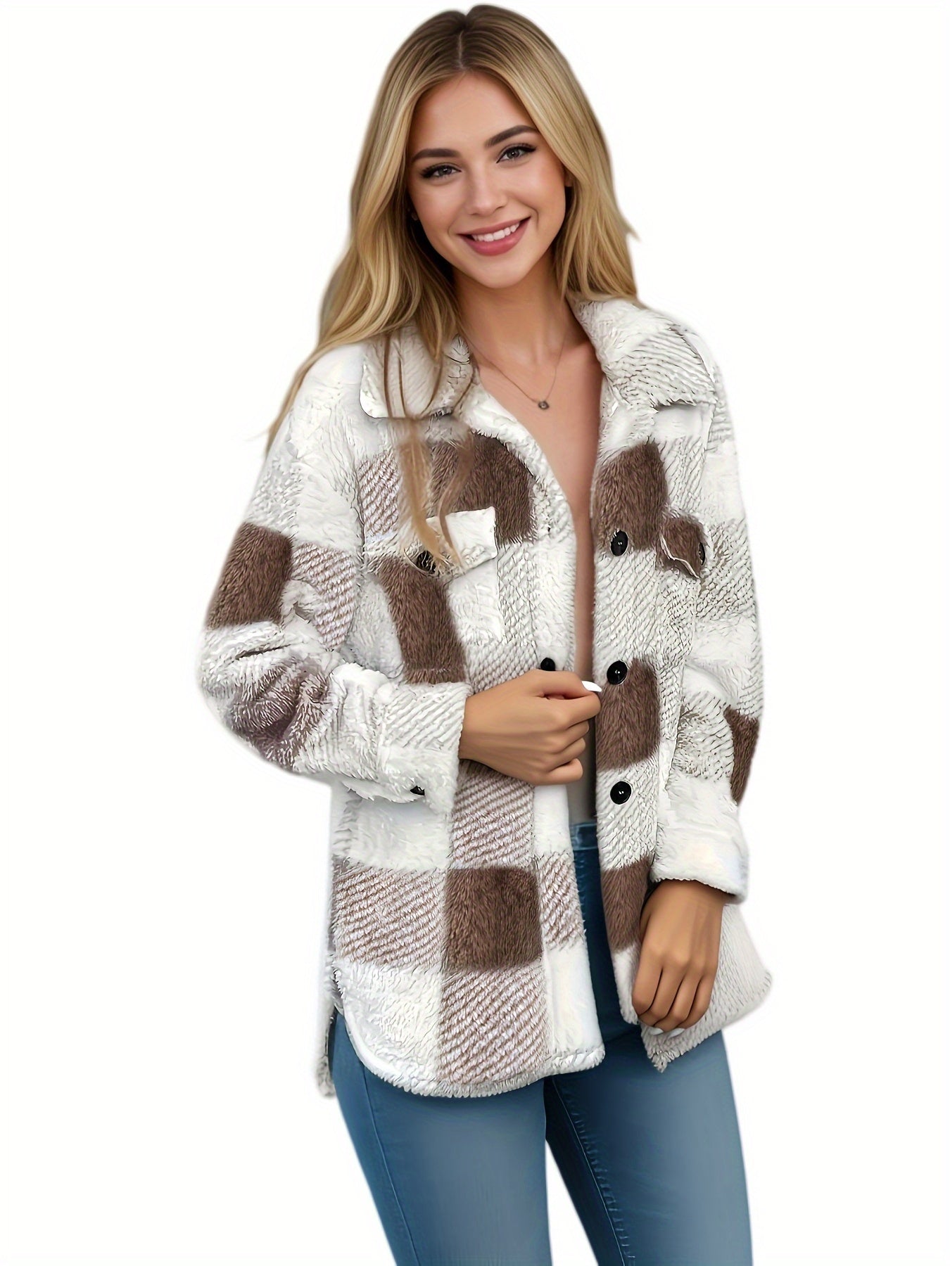 Plush Winter Jacket for Women Soft Suede PU Fabric Plaid Pattern Coat Fall Winter Warm Outerwear Khaki Black Green Pink Yellow Gray S M L XL XXL