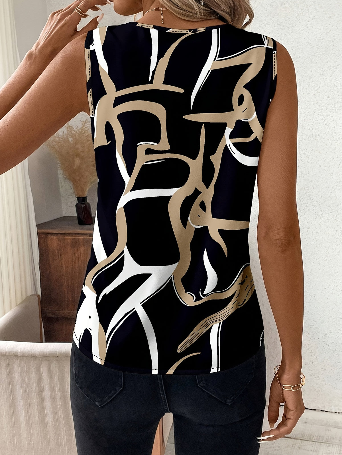Women's Geometric Print Sleeveless Vest – Elegant Woven Polyester Tank Top, Colorful Pattern Blouse for Spring Summer, Casual & Dressy Sleeveless Top, Sizes S-XXL