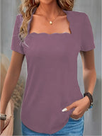 Women's Square Neck T-Shirt - Solid Color Short Sleeve Formal Basic Top | 100% Polyester Slim Fit Summer Daily Fashion Ladies Tee