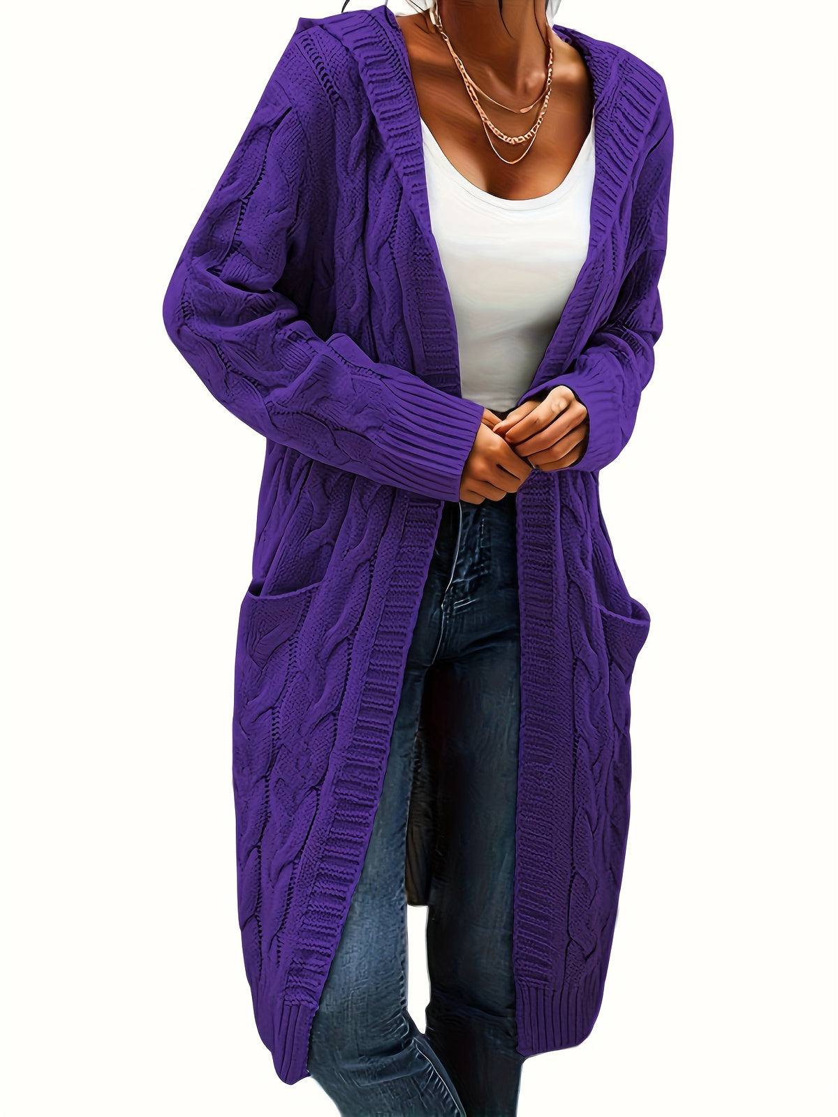 Women's Collarless Knit Cardigan – Minimalist Solid Color Polyester Casual Open Layer for Fall & Winter in 19 Colors