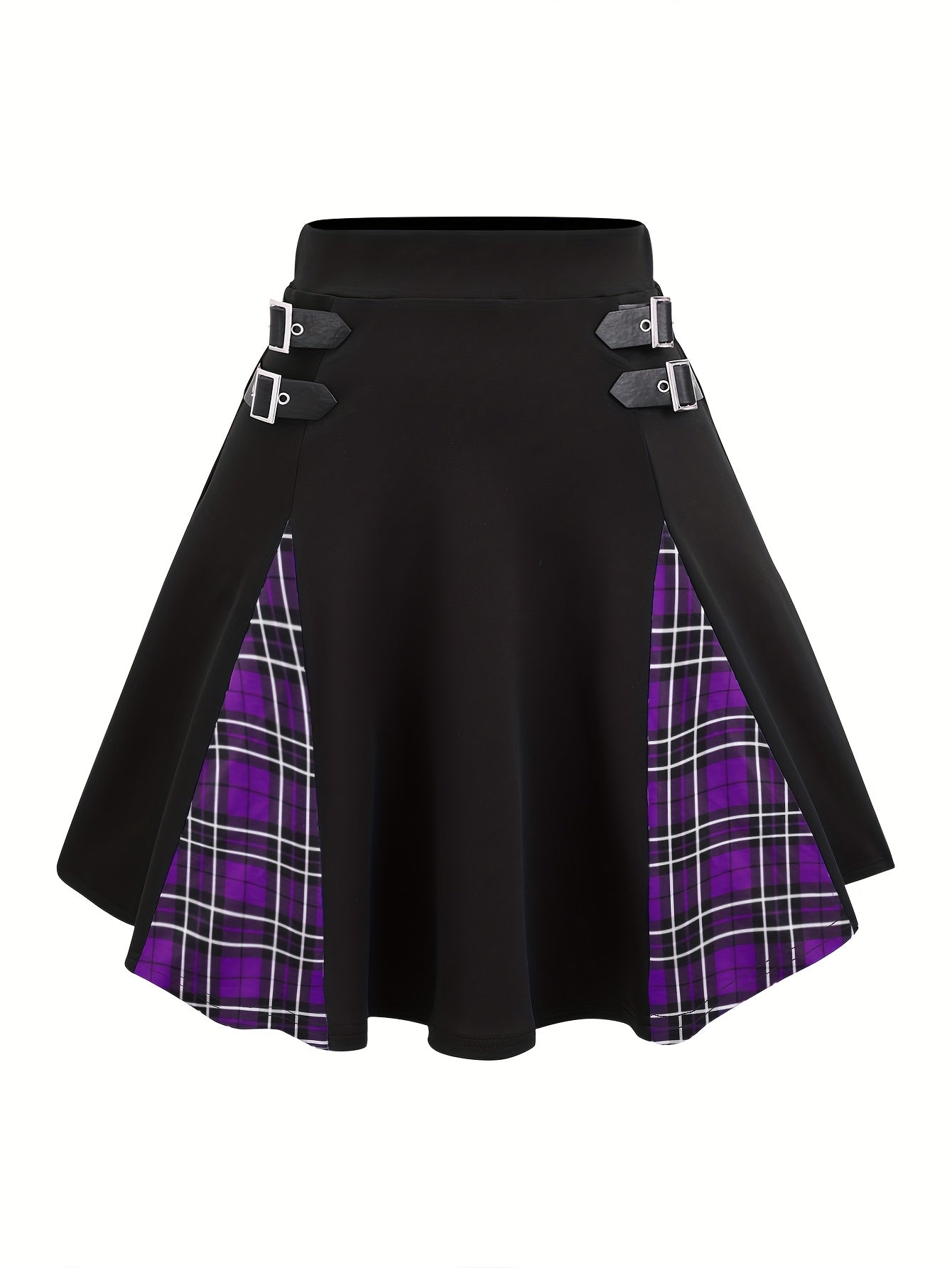Gothic Plaid Buckle High Waisted A-Line Mini Skirt Women Y2K Gingham Color Block Knit Skirt Black Gray Red Blue Purple S M L XL XXL