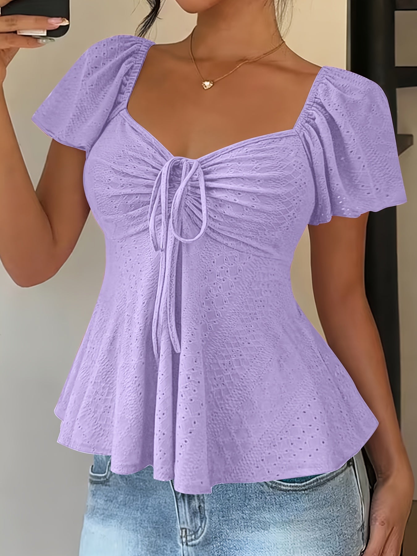 Women's Y2K Jacquard V-Neck Drawstring T-Shirt – Solid Color Short Sleeve Breathable Elegant Top for Spring & Summer