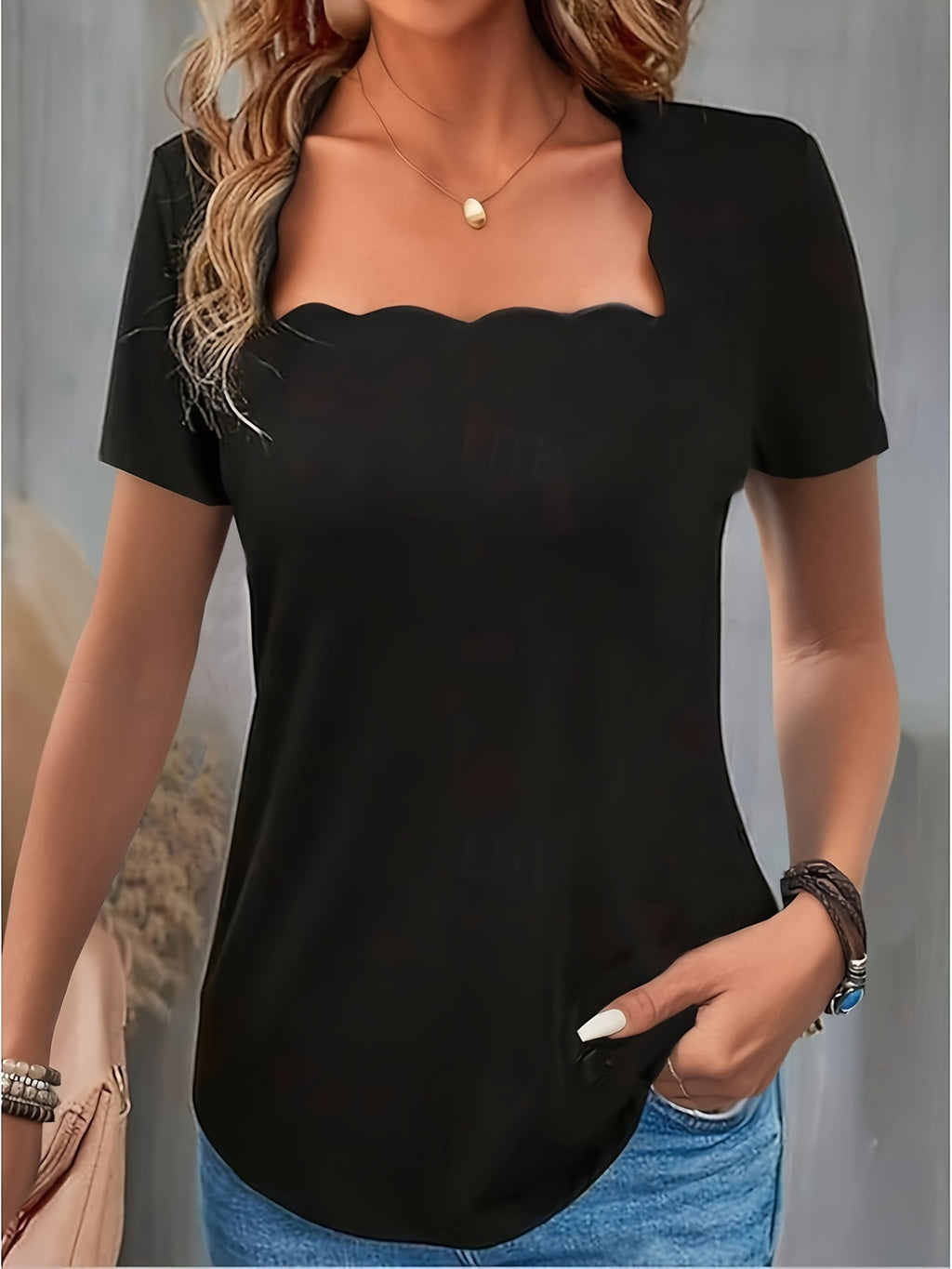 Women's Square Neck T-Shirt - Solid Color Short Sleeve Formal Basic Top | 100% Polyester Slim Fit Summer Daily Fashion Ladies Tee
